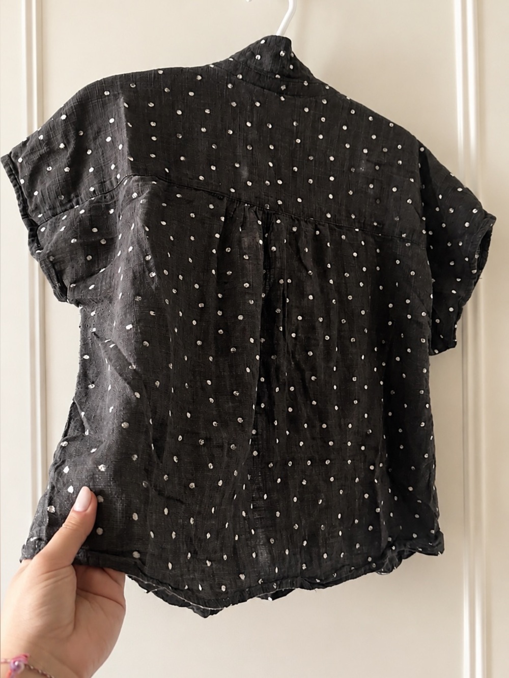 Women’s Short-Sleeve Button-Down Top with White Polka Dots - Picture 3 of 6